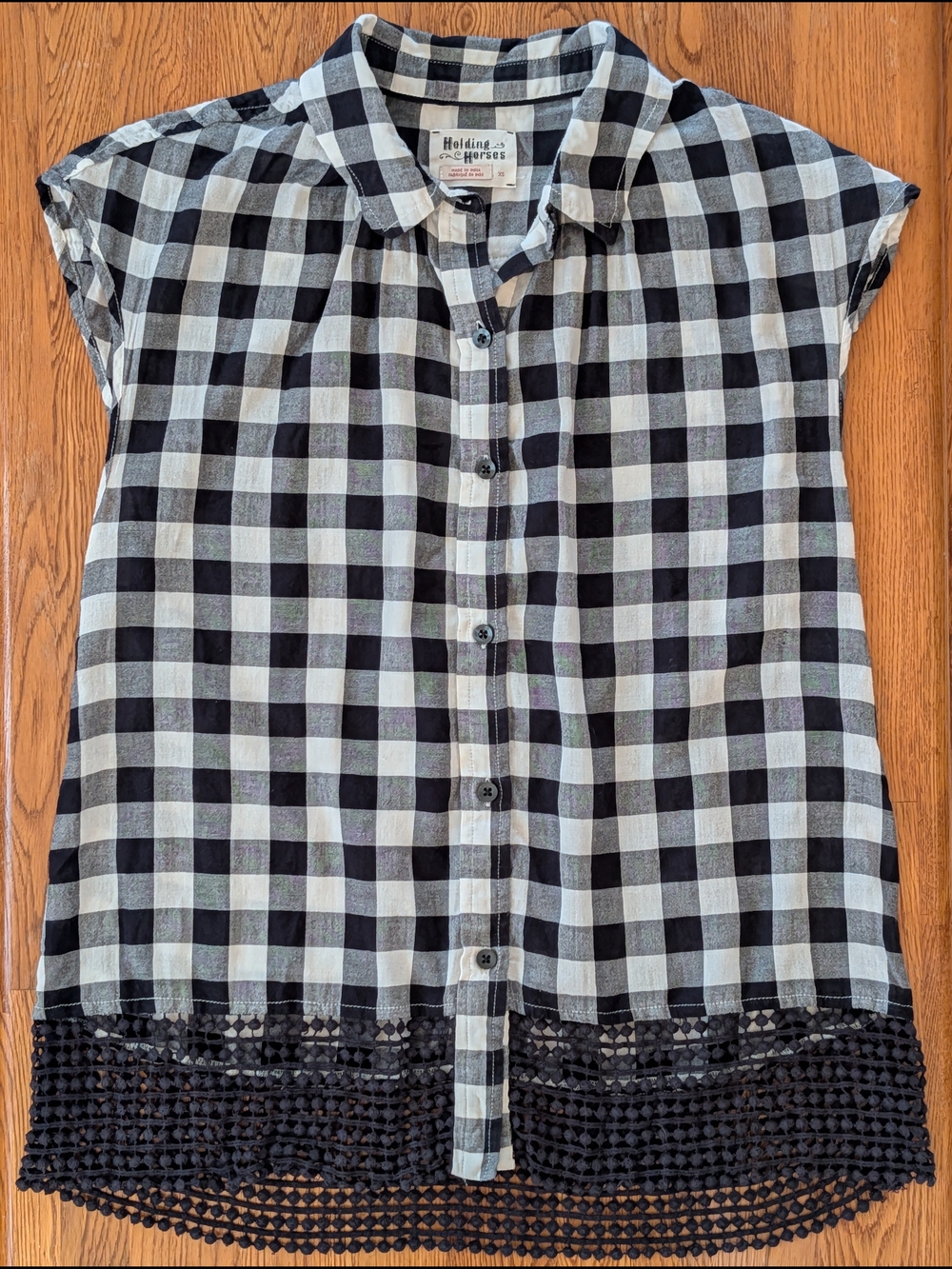 Anthropologie Holding Horses Nellie Gingham Top Black and White Crochet Trim